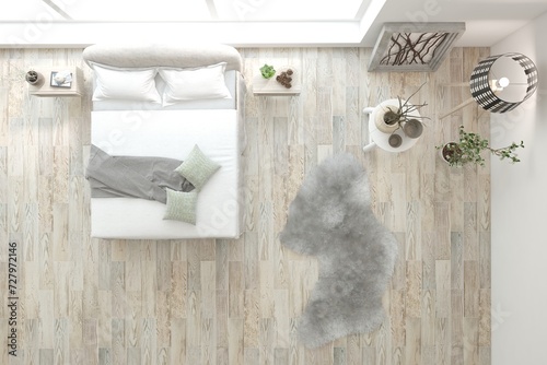 White bedroom concept. Top view. Scandinavian interior design. 3D illustration