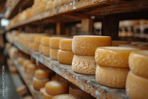 A mouthwatering selection of artisanal and processed cheeses, including tangy parmigianoreggiano and creamy toma, are beautifully displayed on the shelves of a cozy indoor bakery, tempting snack love photo