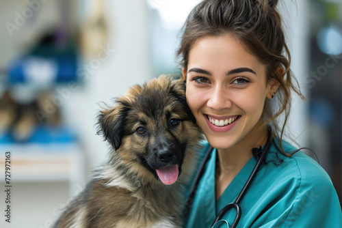 Young female vet with dog in vet clinic