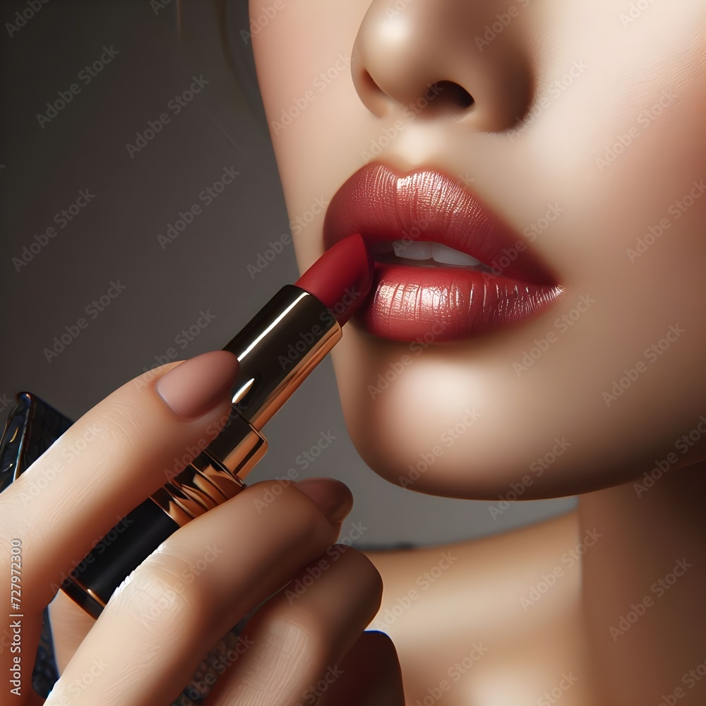 Close-Up Beauty Portrait of a Woman Applying Lipstick With Precise Application