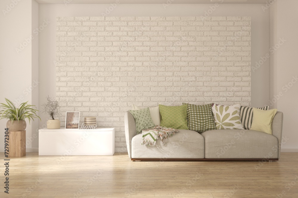 Naklejka premium White living room with sofa. Scandinavian interior design. 3D illustration