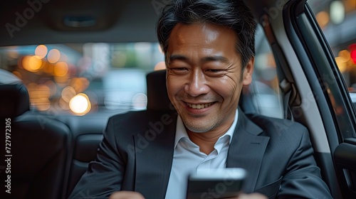 Asian man sitting at the back of the car looking at her phone smiling, wearing black business suit with black hair. © MiguelAngel