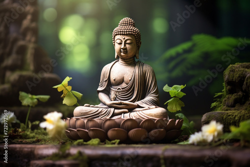 A Buddha statue carved out of stone. Lotus position. In a spiritual calm background. Generative AI