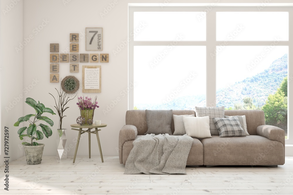 Fototapeta premium Modern interior concept with sofa and summer landscape in window. 3D illustration