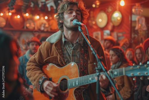 A soulful musician strums his guitar and serenades the crowd with his heartfelt lyrics at a lively indoor rock concert