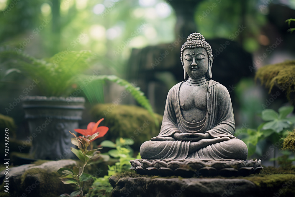 A Buddha statue carved out of stone. Lotus position. In a spiritual calm background. Generative AI A Buddha statue carved out of stone. Lotus position. In a spiritual calm background. Generative AI