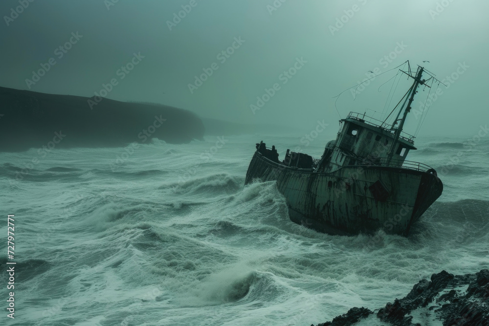 Lost at Sea: Abandoned Ship Battling Waves