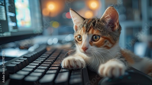 Cute kitten lying on computer keyboard.