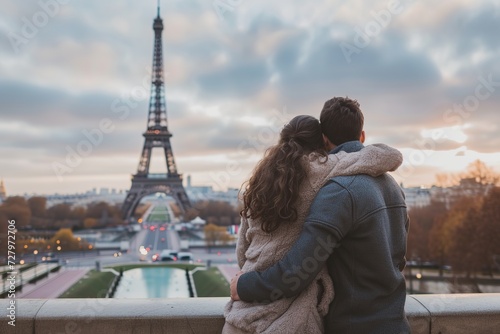 Back view of young couple standing in front of Eiffel Tower in Paris © Alina