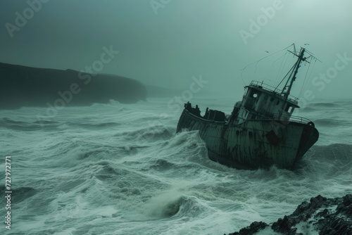 Lost at Sea: Abandoned Ship Battling Waves © Andrii 
