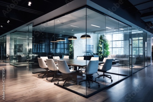 A glass-walled meeting room filled with natural light, equipped with a table and chairs for productive discussions, Modern corporate office with glass walls, AI Generated © Iftikhar alam