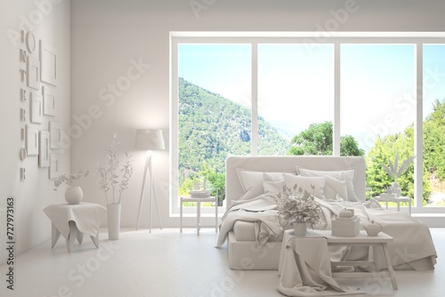 White bedroom interior design with summer landscape in window. Scandinavian interior design. 3D illustration