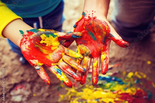 The image captures a childs hands playfully immersed in vibrant, splattered paint, Mother and child creating a handprint artwork together, AI Generated