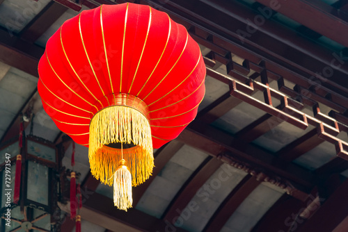 Beautiful red and yellow Chinese lanterns decorate the buildings in Shanghai  China