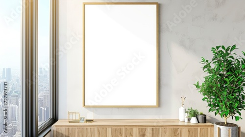 Blank Poster Frame Adorning a White Wall in a Living Room, Complemented by a Wooden Sideboard and a Touch of Greenery