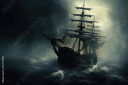 A pirate ship struggles to survive as it navigates through a treacherous storm, Mysterious phantom ship floating through foggy seas, AI Generated