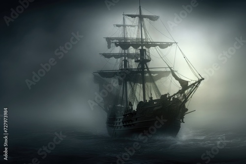 A pirate ship gracefully glides through a mysterious foggy ocean, Mysterious phantom ship floating through foggy seas, AI Generated