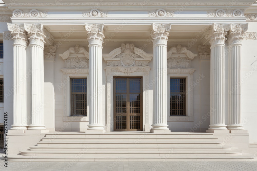 A grand and imposing building showcasing stately columns and numerous windows, Neoclassical architectural elements in a modern building, AI Generated