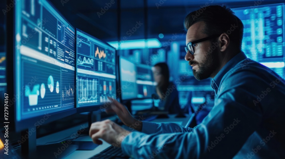 analyst uses computer and dashboard for data business analysis and Data Management System with KPI and metrics connected to the database for technology finance, operations, sales, marketing analyst uses computer and dashboard for data business analysis and Data Management System with KPI and metrics connected to the database for technology finance, operations, sales, marketing