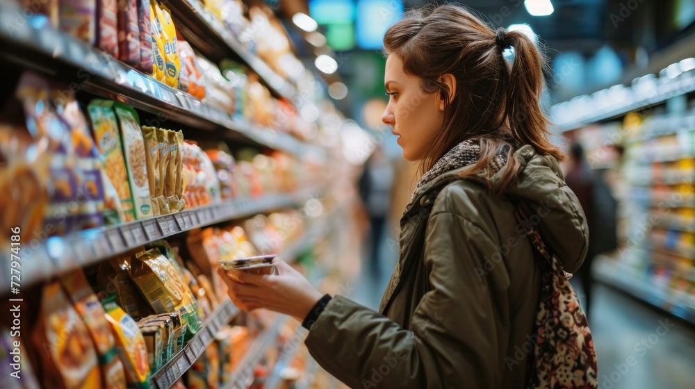 woman comparing products in a grocery store, supermarket, store, retail, food, shopping, groceries, consumerism, choice, customer, market, purchase, buy, sale, consumer, choosing