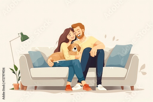 Ilustration Happy cozy loving couple hug doggy spend time together