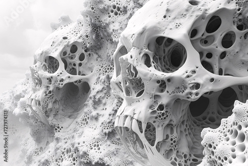 Abstract black and white porous skull shapes