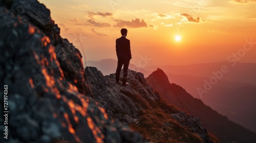 business male stand and feel happy on the most hight on the mountain, hiking, success, cliff, peak, business, success, successful, goal, victory, achievement, motivation, © Space_Background