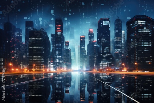 A breathtaking view of a bustling city filled with bright lights shining under the night sky  Nighttime cityscape with the lights of office buildings  AI Generated