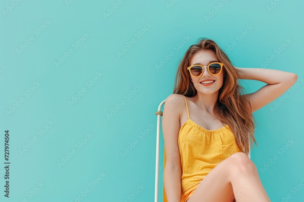 Beautiful happy young woman in sunglasses sits in a beach chair isolated on a flat pastel blue background with copy space. Summer tourist banner template Beautiful happy young woman in sunglasses sits in a beach chair isolated on a flat pastel blue background with copy space. Summer tourist banner template