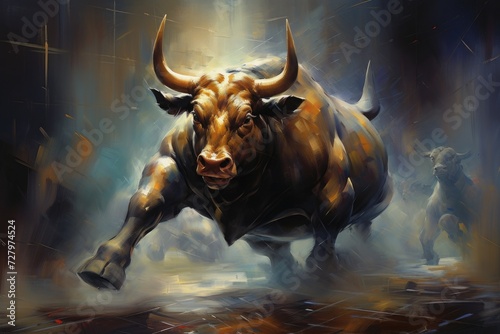 Witness the raw power and grace of a bull running through a torrential rainstorm in this stunning painting, Oil painting inspired interpretation of a bullish stock market, AI Generated