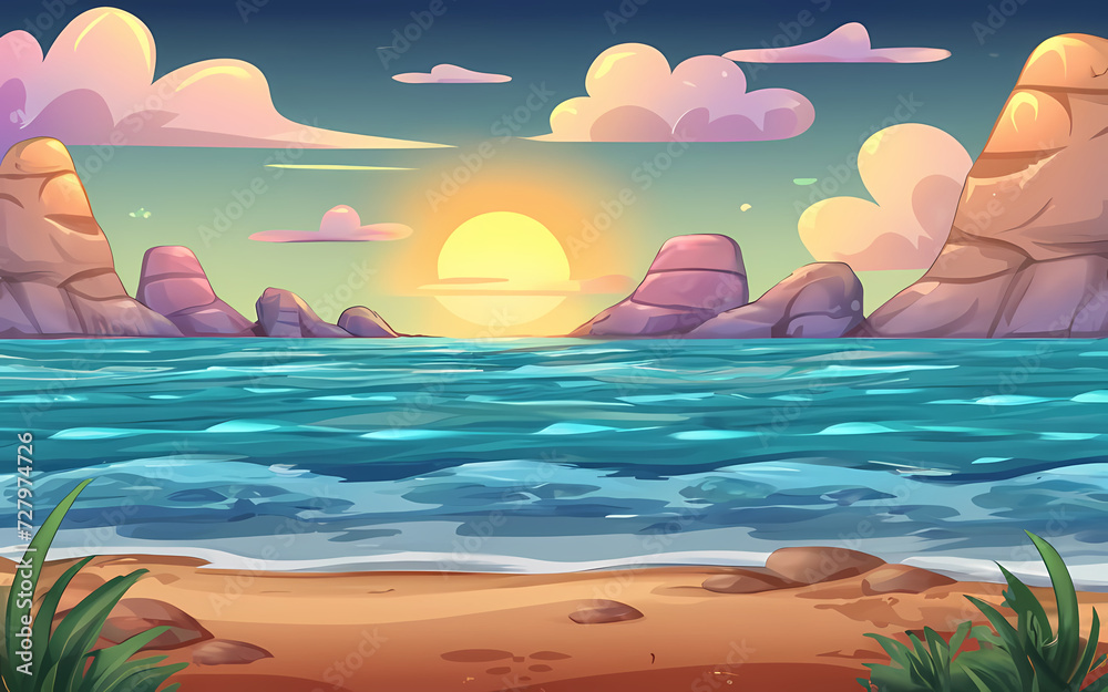 landscape with sea and sun illustration, generative Ai