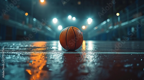 Wet basketball left on the court under a stormy sky signaling an interrupted game