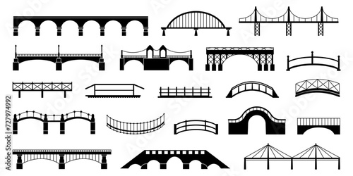 Fototapeta Naklejka Na Ścianę i Meble -  Black bridges silhouettes. Isolated bridge icons, urban architecture constructions elements. Transportation and city logistic, decent vector set
