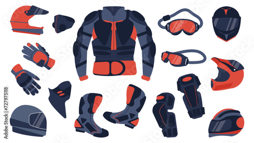 Moto accessories and clothes. Safety elements for motocross sport, bike rider. Isolated helmets, glasses, boots, jacket. Flat decent vector symbols