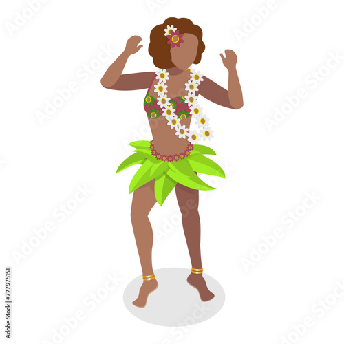 3D Isometric Flat Vector Set of Hawaiian Dancers, Characters in Polynesian Costume. Item 6
