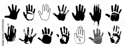 Handprint set. Black palms silhouettes, isolated hands hand drawn clipart. Baby and adult palm, memories or personal identification, neoteric vector set