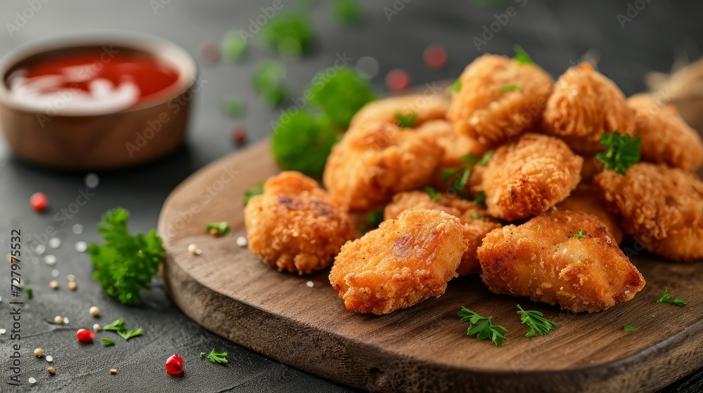 A sumptuous serving of crispy nuggets, garnished with fresh parsley and accompanied by a savory sauce, all presented on a dark, elegant background A sumptuous serving of crispy nuggets, garnished with fresh parsley and accompanied by a savory sauce, all presented on a dark, elegant background