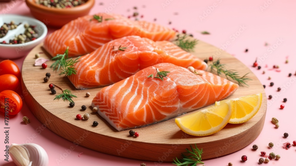A beautifully arranged board displaying raw salmon steaks alongside a variety of spices, all set against a striking pink background A beautifully arranged board displaying raw salmon steaks alongside a variety of spices, all set against a striking pink background