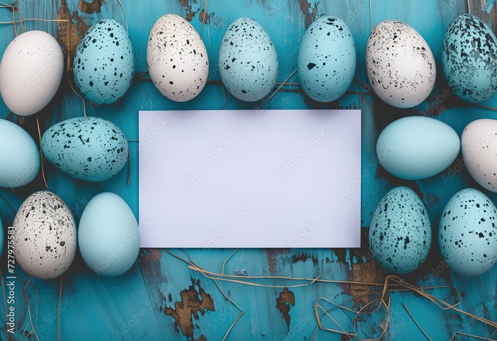 Colorful Easter eggs surrounding a blank white card on a pastel green background