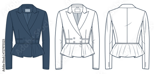 Fitted Classic Blazer technical fashion illustration. Cropped Jacket with zipped peplum fashion flat technical drawing template, double breasted, front, back view, white, blue, women CAD mockup set. photo