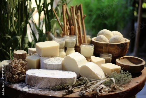 A table adorned with numerous types of cheese including cheddar, brie, gouda, blue cheese, and many others, Organic raw materials ready for soap production, AI Generated © Iftikhar alam