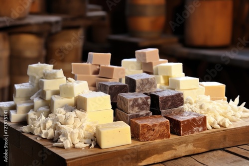 A diverse selection of delicious cheeses beautifully arranged on a rustic wooden table  Organic raw materials ready for soap production  AI Generated
