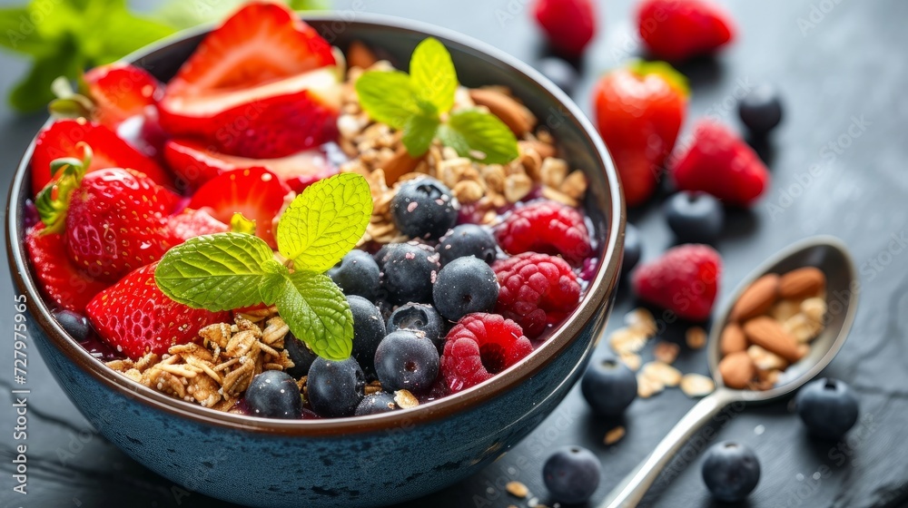 A bowl filled with crunchy muesli, topped with a colorful assortment of fresh berries and fruit slices
