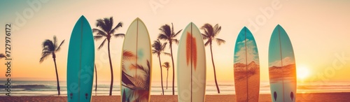 Surfboards on the beach at sunset. Panoramic banner. Surfboards on the beach. Vacation Concept with Copy Space.