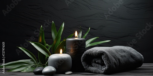 Tranquil ambiance surrounds a setup of a towel laid atop ferns, adorned with flickering candles and black hot stones, offering a soothing atmosphere.