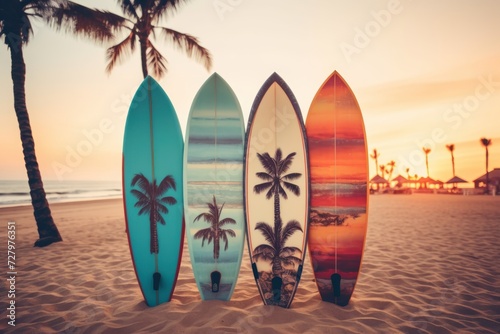 Surfboards palm patterns on the beach with palm trees and sunset sky background. Surfboards on the beach. Vacation Concept with Copy Space.