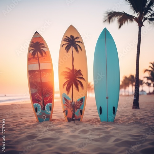 Surfboards palm patterns on the beach with palm trees and sunset sky background. Surfboards on the beach. Vacation Concept with Copy Space.