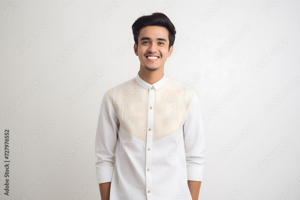 Youthful Muslim man standing on a white background, adorned with traditional Balinese motifs in a happycore style, captured with the vibrant energy of Provia film Youthful Muslim man standing on a white background, adorned with traditional Balinese motifs in a happycore style, captured with the vibrant energy of Provia film