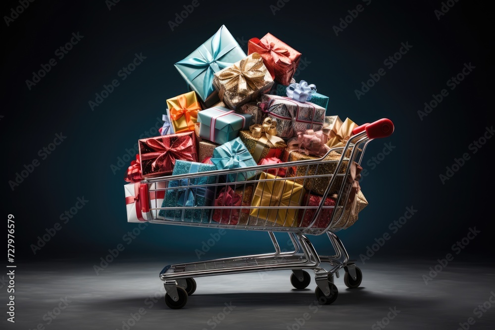 A shopping cart overflowing with numerous presents, all beautifully wrapped and ready for gifting, Overflowing cart with presents wrapped in glossy sheets, AI Generated