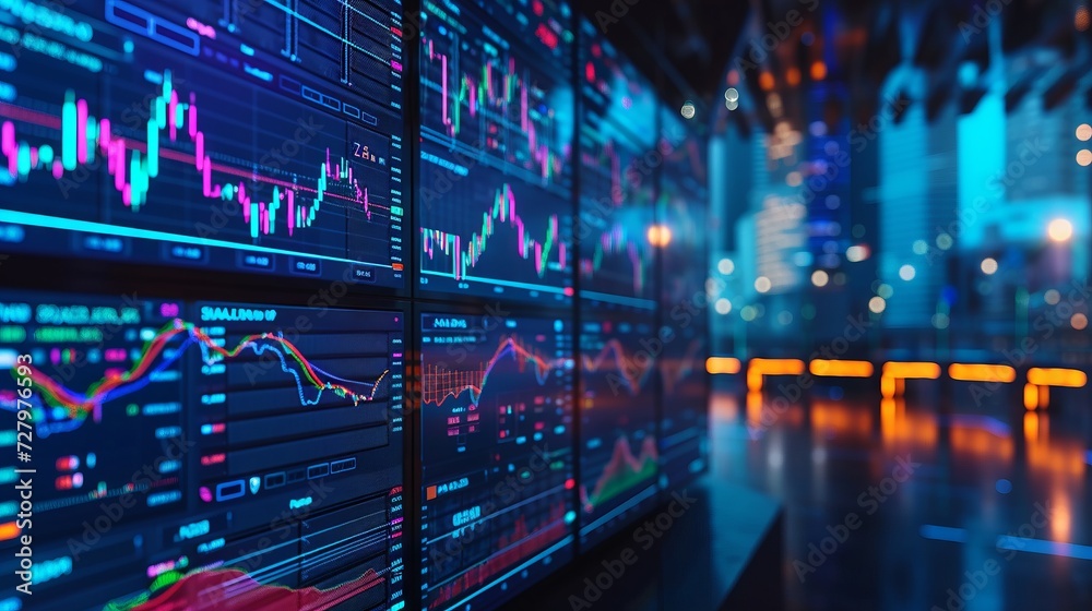 Advanced financial trading screens displaying dynamic market analytics and data - obrazy, fototapety, plakaty 
